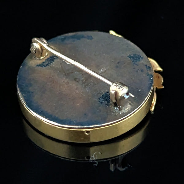 Antique Hand Painted Miniature Portrait in 14k Yellow Gold Brooch Pin Boy Girl