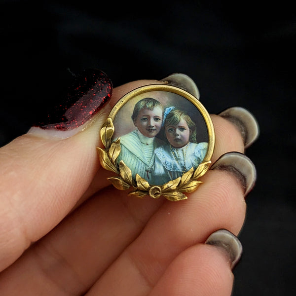 Antique Hand Painted Miniature Portrait in 14k Yellow Gold Brooch Pin Boy Girl