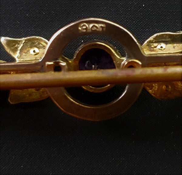 Antique Old Cut Amethyst Seed Pearls 9k Yellow Gold Brooch with Chain English Pin 