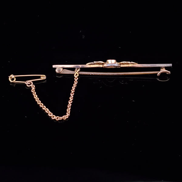 Antique Old Cut Amethyst Seed Pearls 9k Yellow Gold Brooch with Chain English Pin 