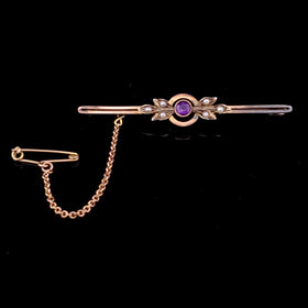 Antique Old Cut Amethyst Seed Pearls 9k Yellow Gold Brooch with Chain English Pin 