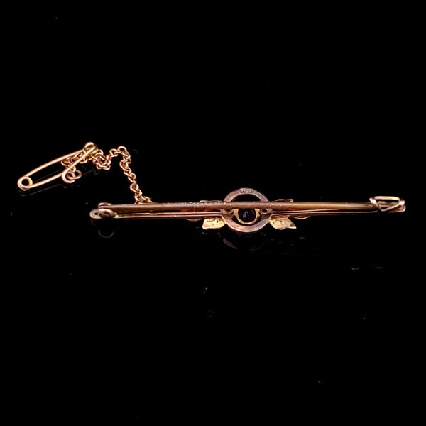 Antique Old Cut Amethyst Seed Pearls 9k Yellow Gold Brooch with Chain English Pin 