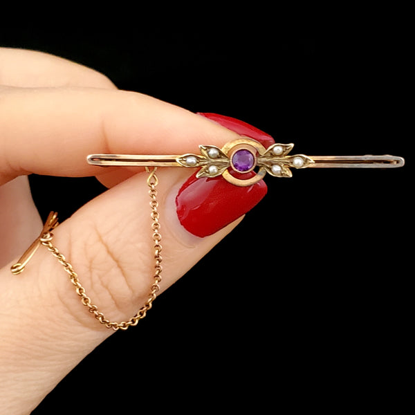 Antique Old Cut Amethyst Seed Pearls 9k Yellow Gold Brooch with Chain English Pin 