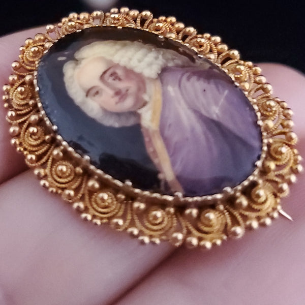 The Houlton - Georgian Porcelain Portrait of a Gentleman 14k Gold Cannetille Brooch