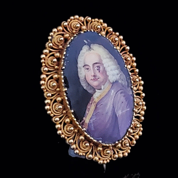 The Houlton - Georgian Porcelain Portrait of a Gentleman 14k Gold Cannetille Brooch