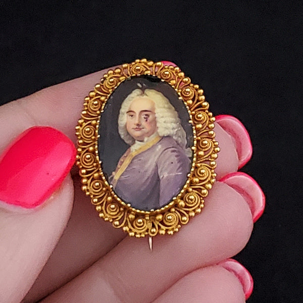 The Houlton - Georgian Porcelain Portrait of a Gentleman 14k Gold Cannetille Brooch