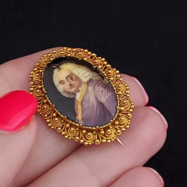 The Houlton - Georgian Porcelain Portrait of a Gentleman 14k Gold Cannetille Brooch