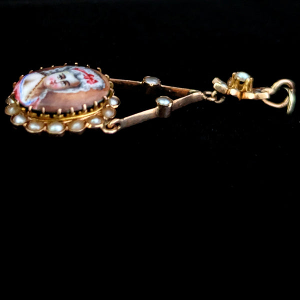 Antique Vintage Portrait Miniature Pendant of Lady Pink Ribbon Yellow Gold Chain