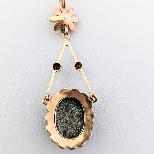 Antique Vintage Portrait Miniature Pendant of Lady Pink Ribbon Yellow Gold Chain