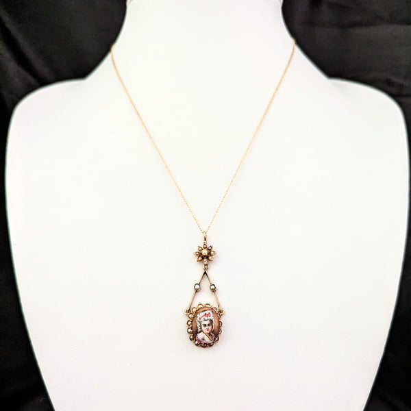 Antique Vintage Portrait Miniature Pendant of Lady Pink Ribbon Yellow Gold Chain