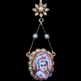 Antique Vintage Portrait Miniature Pendant of Lady Pink Ribbon Yellow Gold Chain