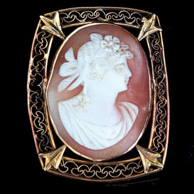 Antique Shell Cameo 10k Yellow Gold Embellished Frame Brooch Pendant FOB Gift
