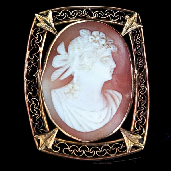Antique Shell Cameo 10k Yellow Gold Embellished Frame Brooch Pendant FOB Gift