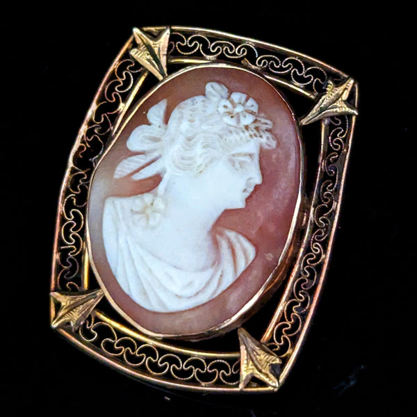 Antique Shell Cameo 10k Yellow Gold Embellished Frame Brooch Pendant FOB Gift