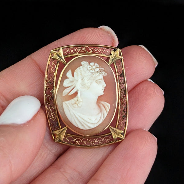 Antique Shell Cameo 10k Yellow Gold Embellished Frame Brooch Pendant FOB Gift