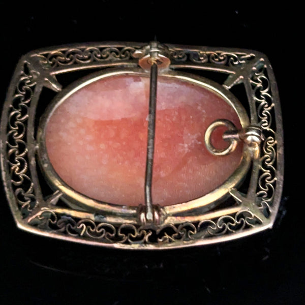 Antique Shell Cameo 10k Yellow Gold Embellished Frame Brooch Pendant FOB Gift