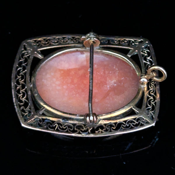Antique Shell Cameo 10k Yellow Gold Embellished Frame Brooch Pendant FOB Gift