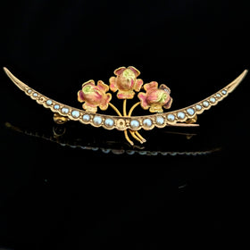 Art Nouveau Enamel Roses Crescent Seed Pearls 10k Yellow Gold Brooch Pin Flowers