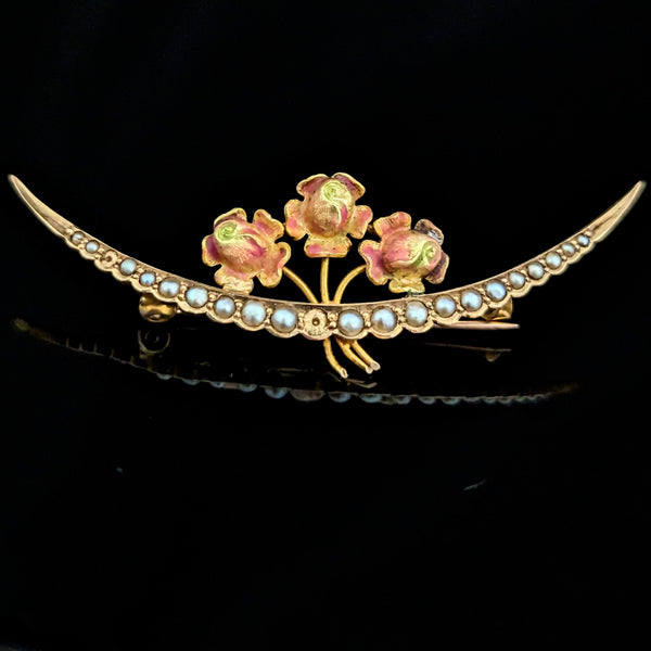 Art Nouveau Enamel Roses Crescent Seed Pearls 10k Yellow Gold Brooch Pin Flowers