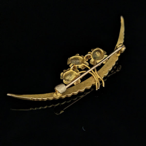 Art Nouveau Enamel Roses Crescent Seed Pearls 10k Yellow Gold Brooch Pin Flowers