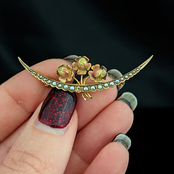Art Nouveau Enamel Roses Crescent Seed Pearls 10k Yellow Gold Brooch Pin Flowers
