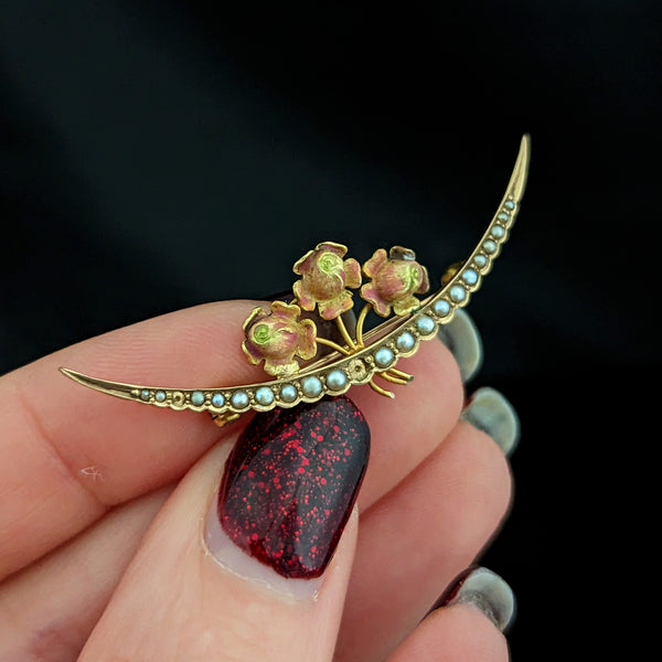 Art Nouveau Enamel Roses Crescent Seed Pearls 10k Yellow Gold Brooch Pin Flowers