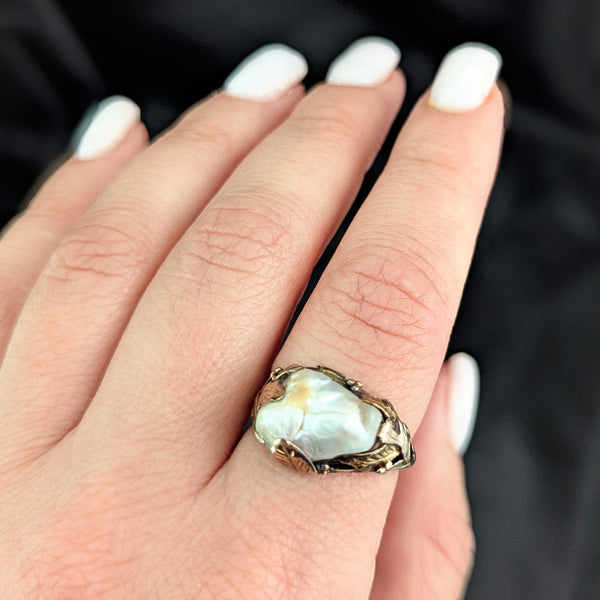 Art Nouveau Era Baroque Pearl 14k Yellow Gold Ring Statement Antique Estate Gift