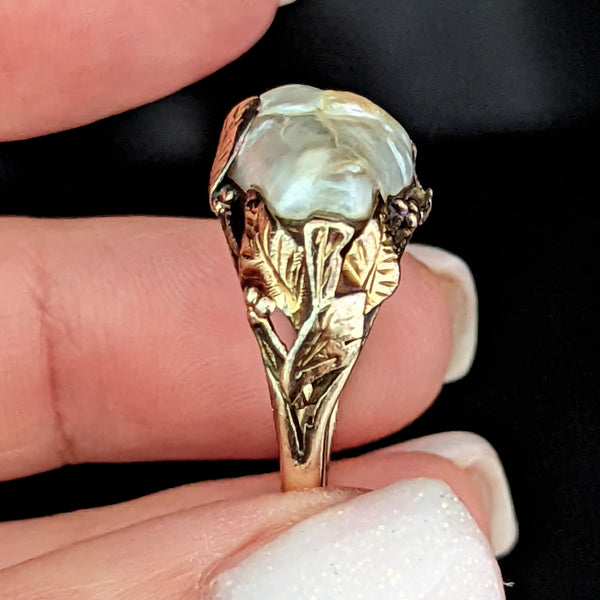 Art Nouveau Era Baroque Pearl 14k Yellow Gold Ring Statement Antique Estate Gift