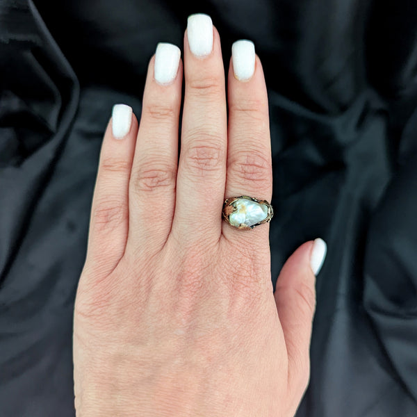 Art Nouveau Era Baroque Pearl 14k Yellow Gold Ring Statement Antique Estate Gift