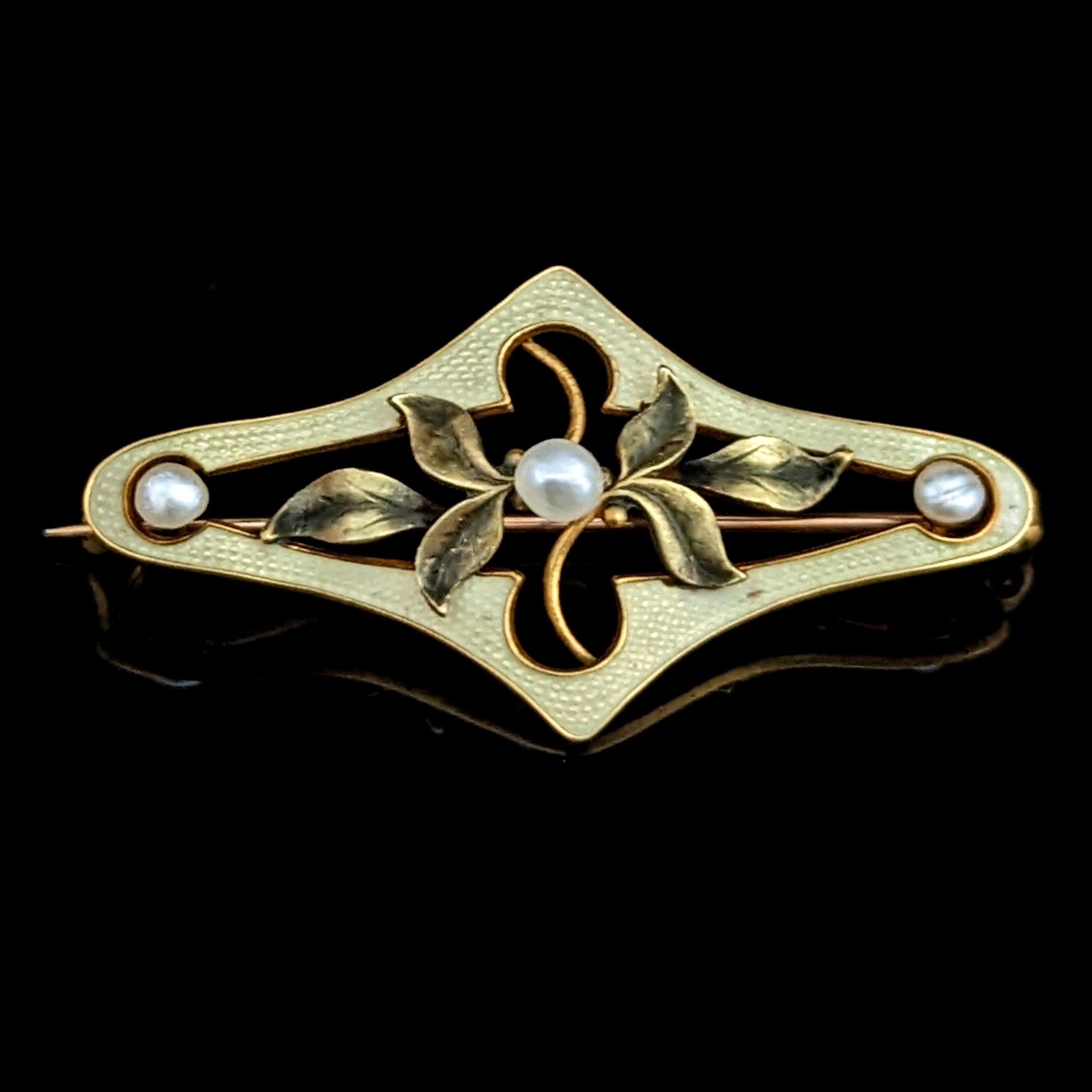 The Phillisburg - Art Nouveau Seed Pearl Enamel 10k Gold Brooch -  SOHOJEWELERS