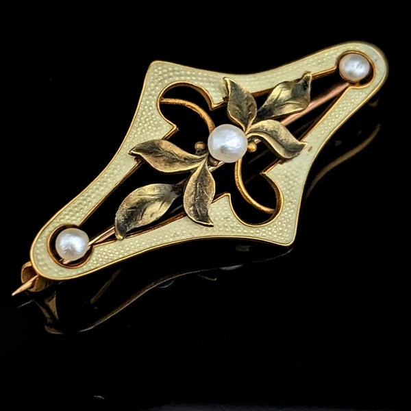 Art Nouveau Green Yellow Pearl 10k Yellow Gold Brooch Pin Antique Floral 1900s