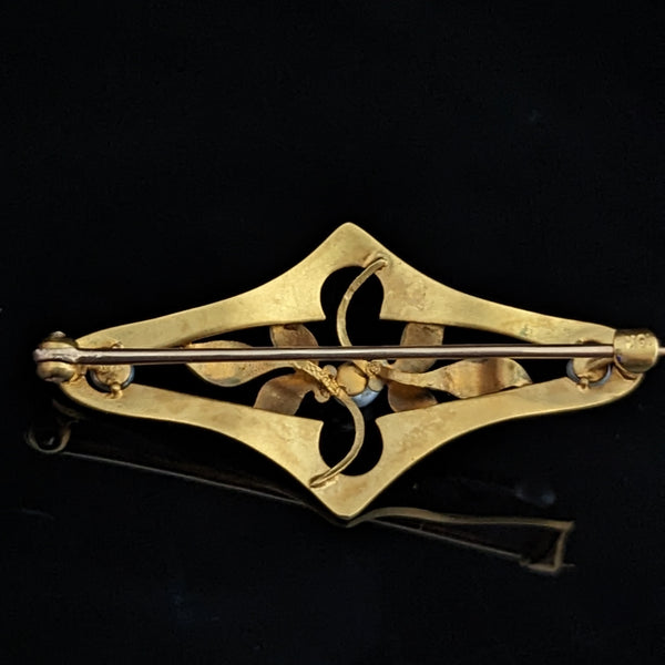 Art Nouveau Green Yellow Pearl 10k Yellow Gold Brooch Pin Antique Floral 1900s