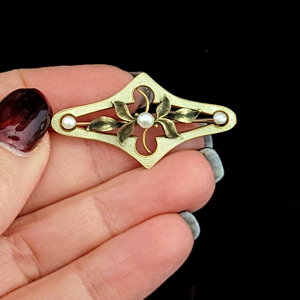 Art Nouveau Green Yellow Pearl 10k Yellow Gold Brooch Pin Antique Floral 1900s