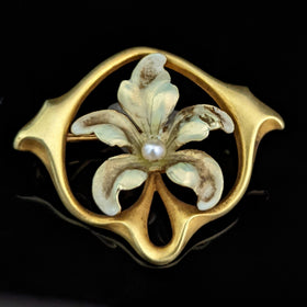 The Sorrento - Art Nouveau Era Pearl Enamel 14k Gold Brooch