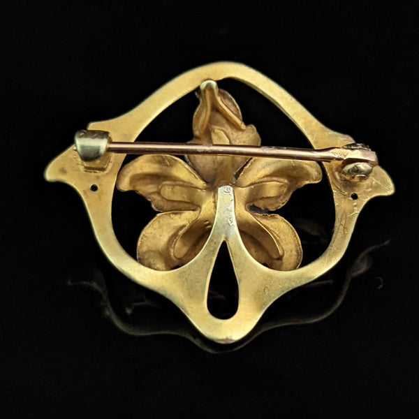 The Sorrento - Art Nouveau Era Pearl Enamel 14k Gold Brooch