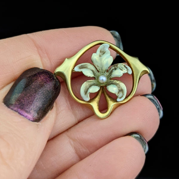 The Sorrento - Art Nouveau Era Pearl Enamel 14k Gold Brooch