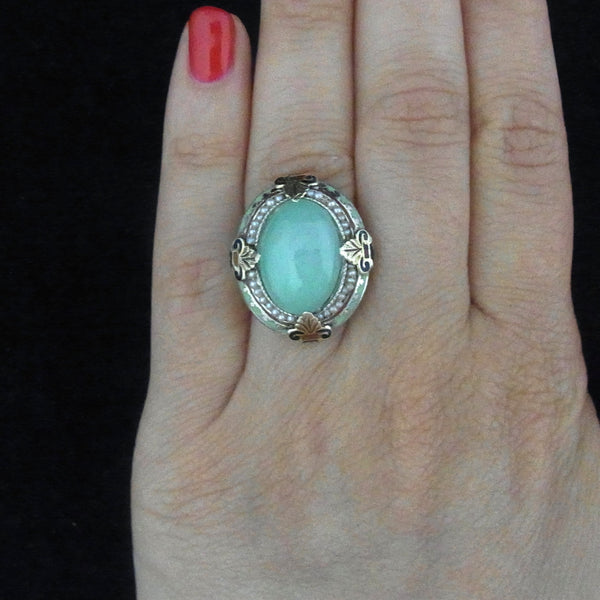 Art Nouveau Egyptian Revival Jade Pearl Enamel 14k Yellow Gold Cocktail Ring