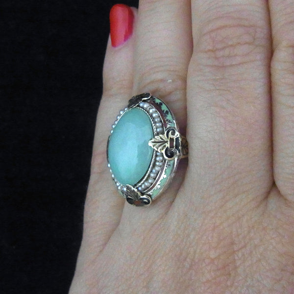 Art Nouveau Egyptian Revival Jade Pearl Enamel 14k Yellow Gold Cocktail Ring
