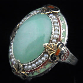 Art Nouveau Egyptian Revival Jade Pearl Enamel 14k Yellow Gold Cocktail Ring