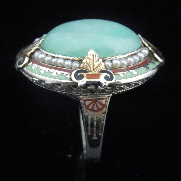 Art Nouveau Egyptian Revival Jade Pearl Enamel 14k Yellow Gold Cocktail Ring