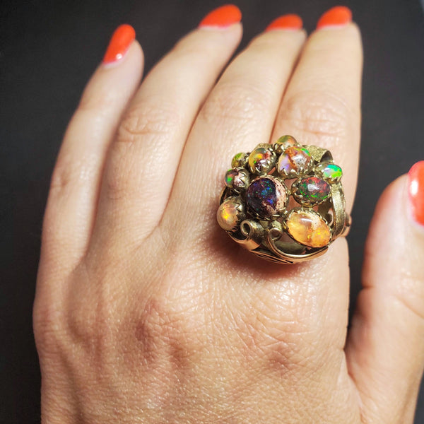 Arts and Crafts Era Opal 14k Yellow Gold Dome Cocktail Ring Cluster Early 1900s