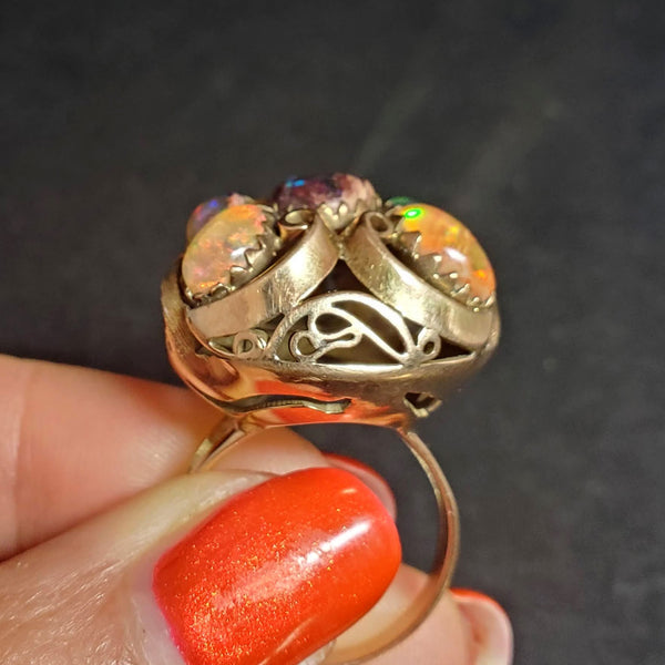 Arts and Crafts Era Opal 14k Yellow Gold Dome Cocktail Ring Cluster Early 1900s