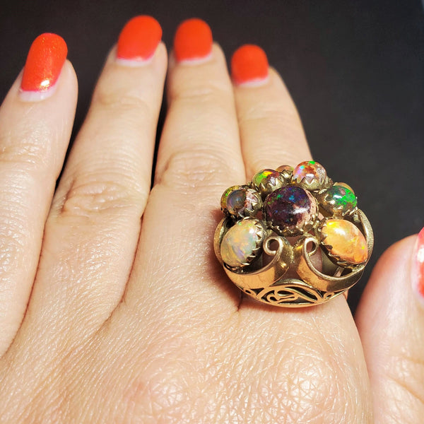 Arts and Crafts Era Opal 14k Yellow Gold Dome Cocktail Ring Cluster Early 1900sArts and Crafts Era Opal 14k Yellow Gold Dome Cocktail Ring Cluster Early 1900s