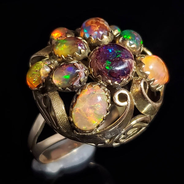 Arts and Crafts Era Opal 14k Yellow Gold Dome Cocktail Ring Cluster Early 1900s