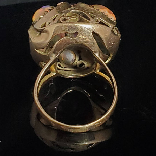 Arts and Crafts Era Opal 14k Yellow Gold Dome Cocktail Ring Cluster Early 1900s
