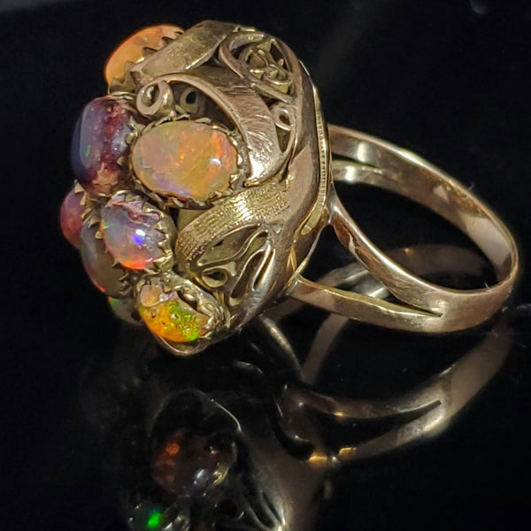 Arts and Crafts Era Opal 14k Yellow Gold Dome Cocktail Ring Cluster Early 1900s
