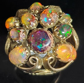 Arts and Crafts Era Opal 14k Yellow Gold Dome Cocktail Ring Cluster Early 1900s