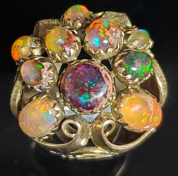 Arts and Crafts Era Opal 14k Yellow Gold Dome Cocktail Ring Cluster Early 1900s