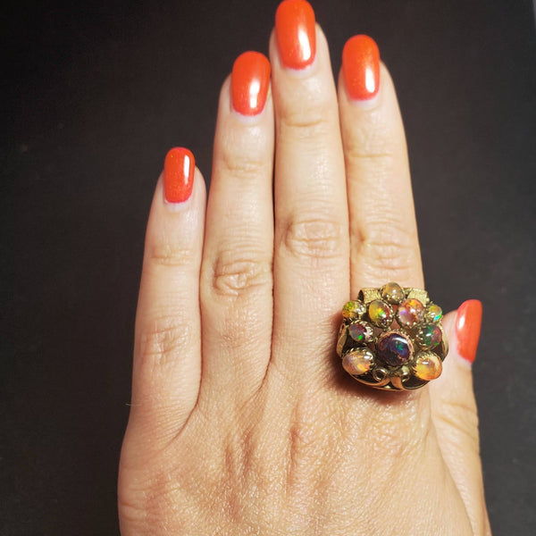 Arts and Crafts Era Opal 14k Yellow Gold Dome Cocktail Ring Cluster Early 1900s