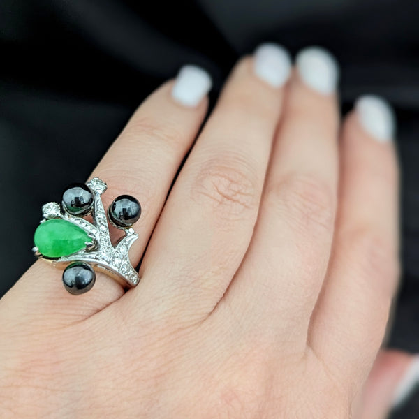 The Bergen - Estate Jade Hematite Diamond 14k Gold Cocktail Ring